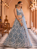 Ravishing Teal Blue Net Embroidered Engagement Wear Lehenga With Blouse
