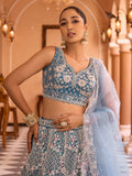 Ravishing Teal Blue Net Embroidered Engagement Wear Lehenga With Blouse
