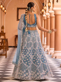 Ravishing Teal Blue Net Embroidered Engagement Wear Lehenga With Blouse