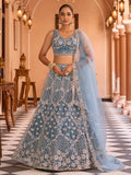 Ravishing Teal Blue Net Embroidered Engagement Wear Lehenga With Blouse