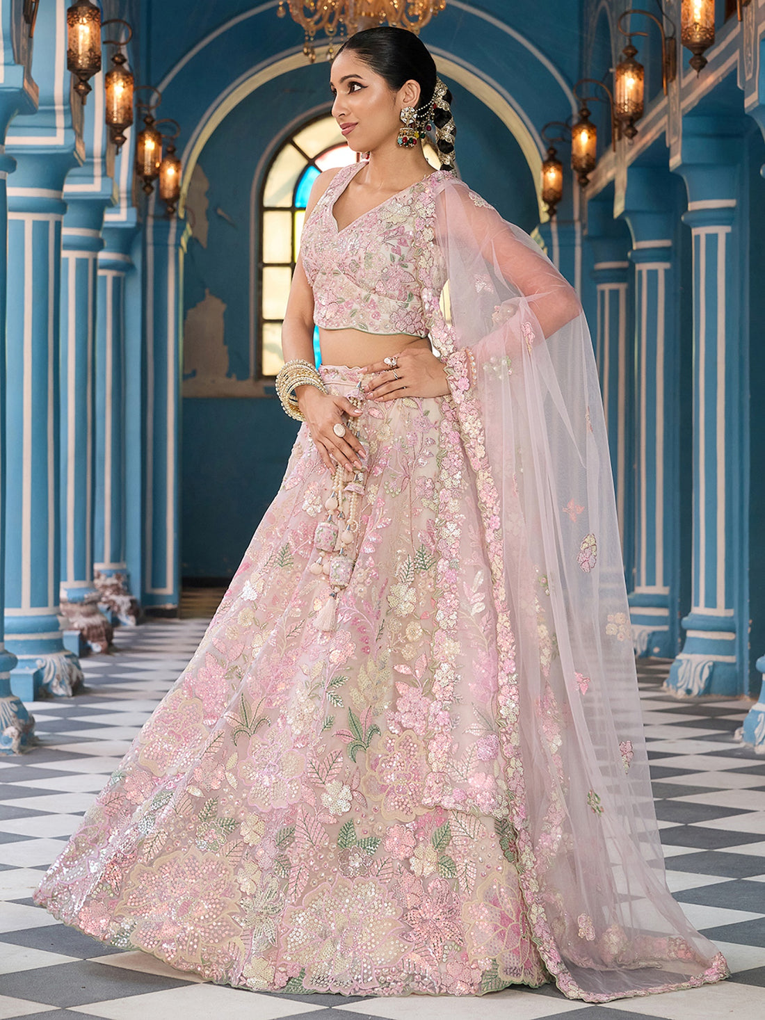 Admirable Cream Sequins Embroidery Net Bridesmaid Lehenga Choli With Dupatta