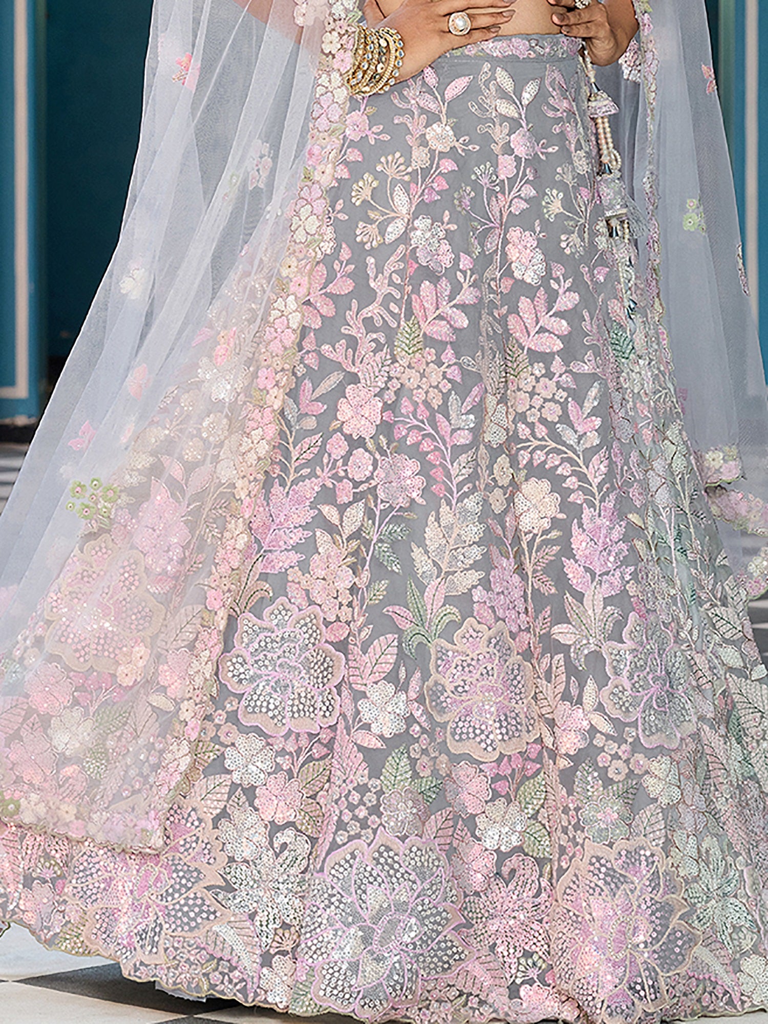 Perfect Grey Floral Embroidery Net Sangeet Wear Lehenga Choli With Dupatta
