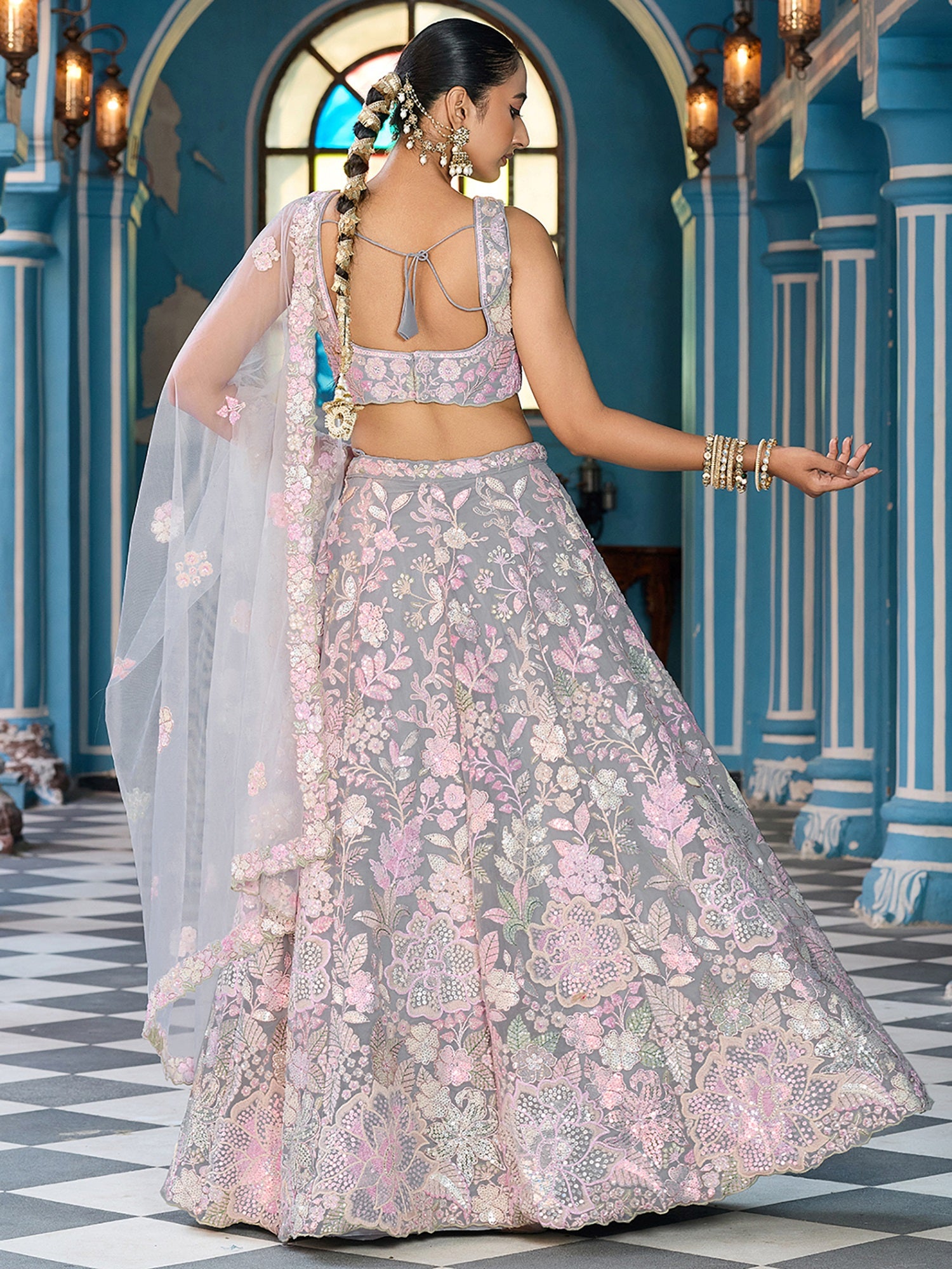 Perfect Grey Floral Embroidery Net Sangeet Wear Lehenga Choli With Dupatta