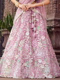 Pretty Pink Thread Embroidery Net Reception Wear Lehenga With Blouse