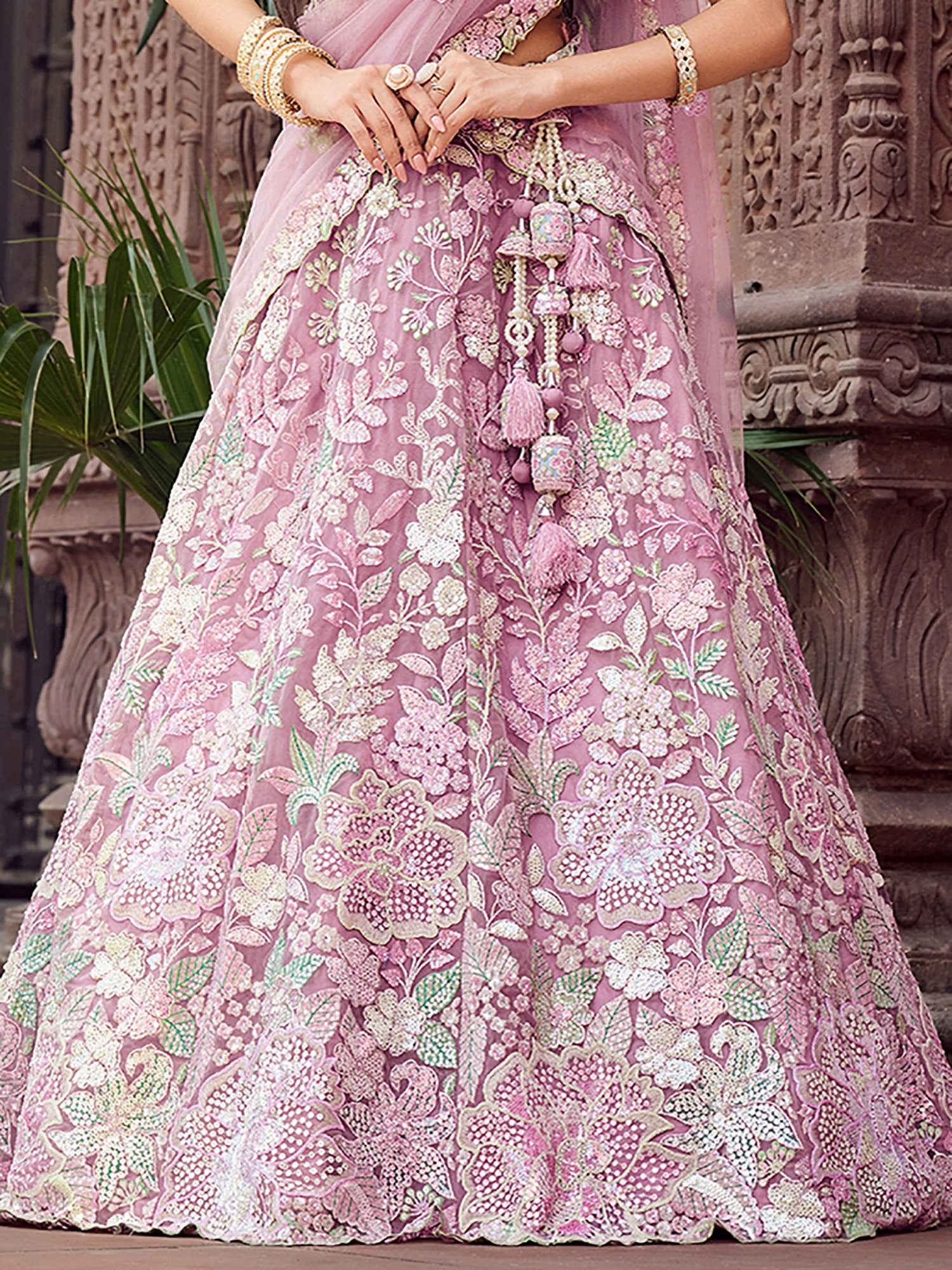 Pretty Pink Thread Embroidery Net Reception Wear Lehenga With Blouse