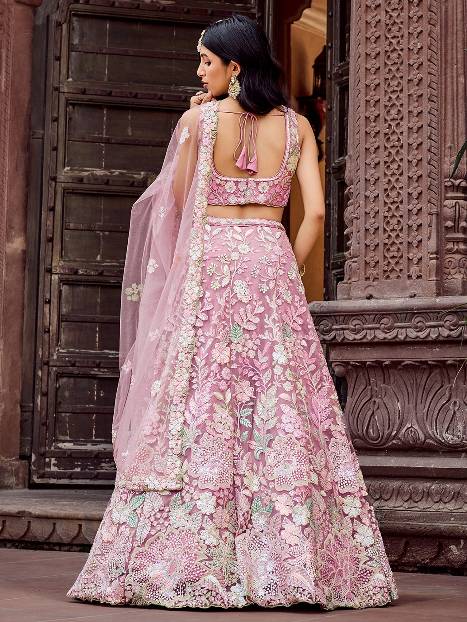 Pretty Pink Thread Embroidery Net Reception Wear Lehenga With Blouse