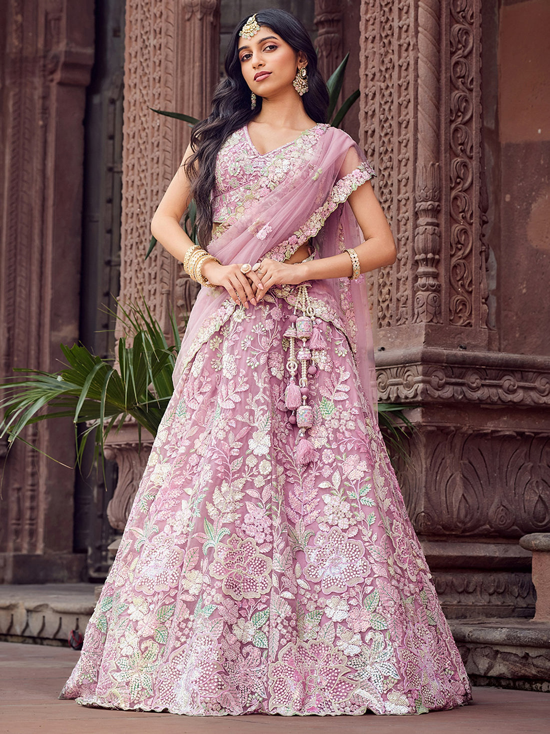 Pretty Pink Thread Embroidery Net Reception Wear Lehenga With Blouse