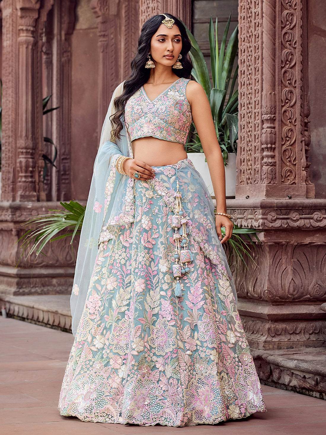 Outstanding Blue Heavy Embroidered Net Engagement Wear Lehenga choli