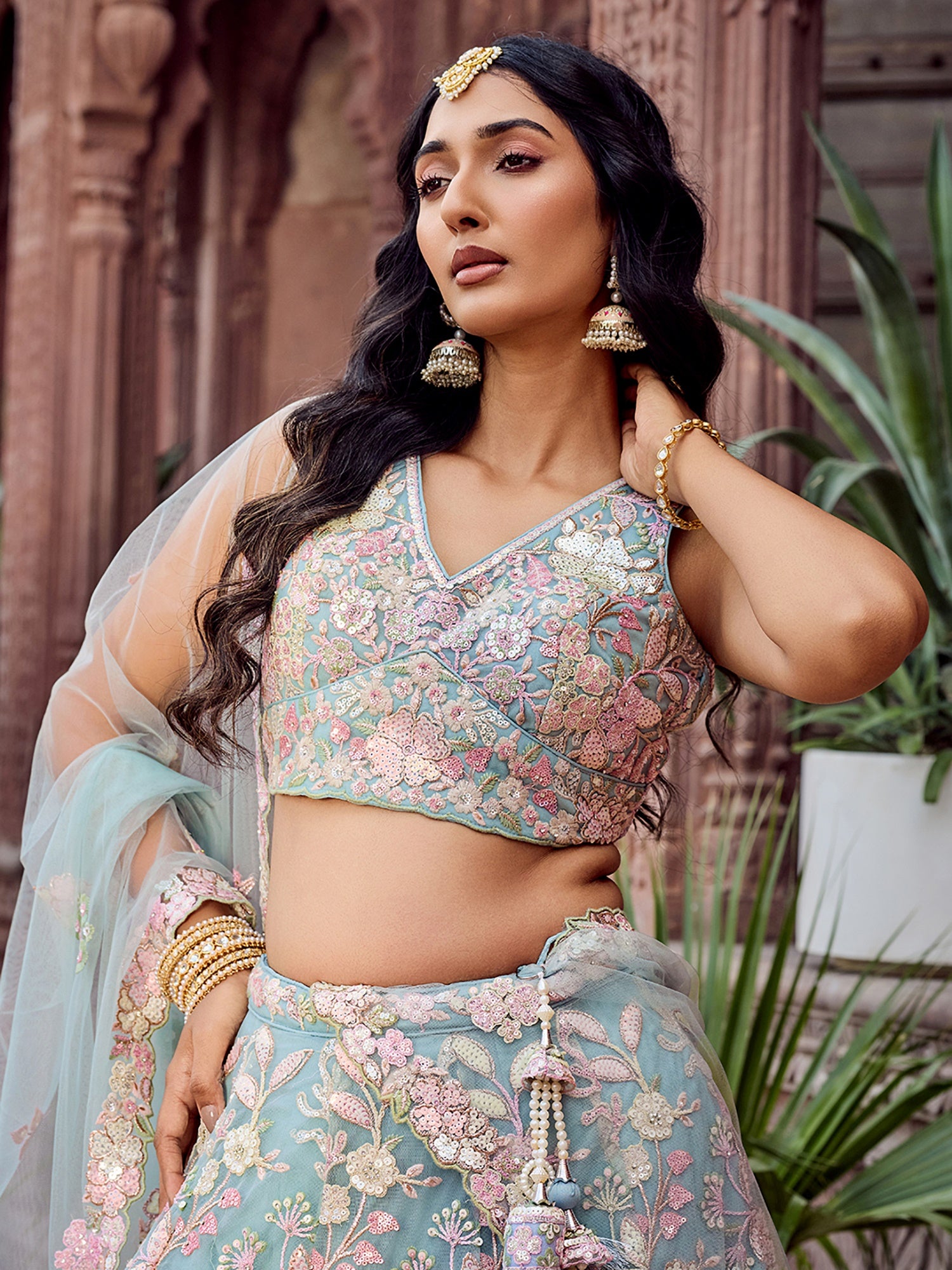 Outstanding Blue Heavy Embroidered Net Engagement Wear Lehenga choli