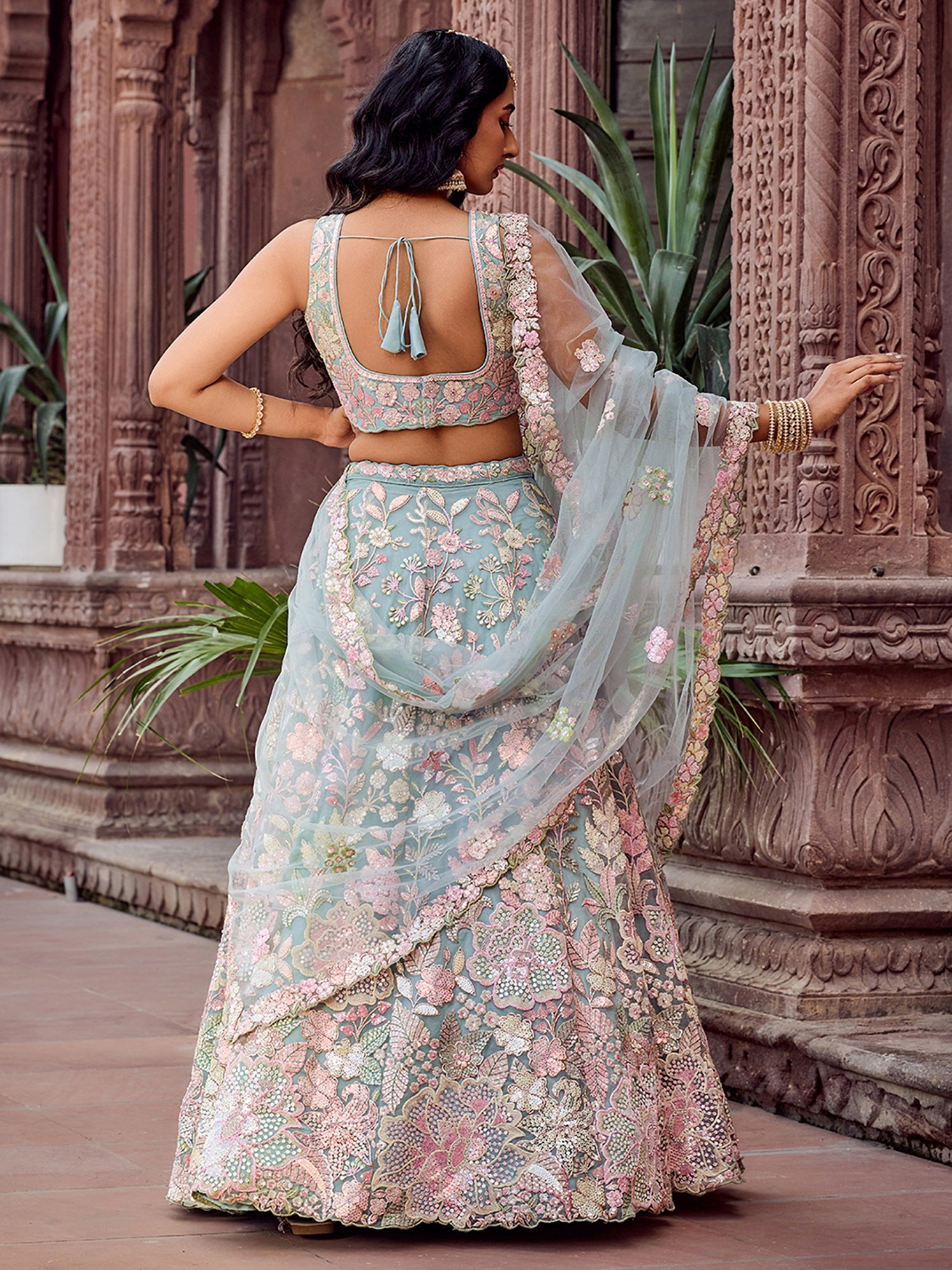 Outstanding Blue Heavy Embroidered Net Engagement Wear Lehenga choli