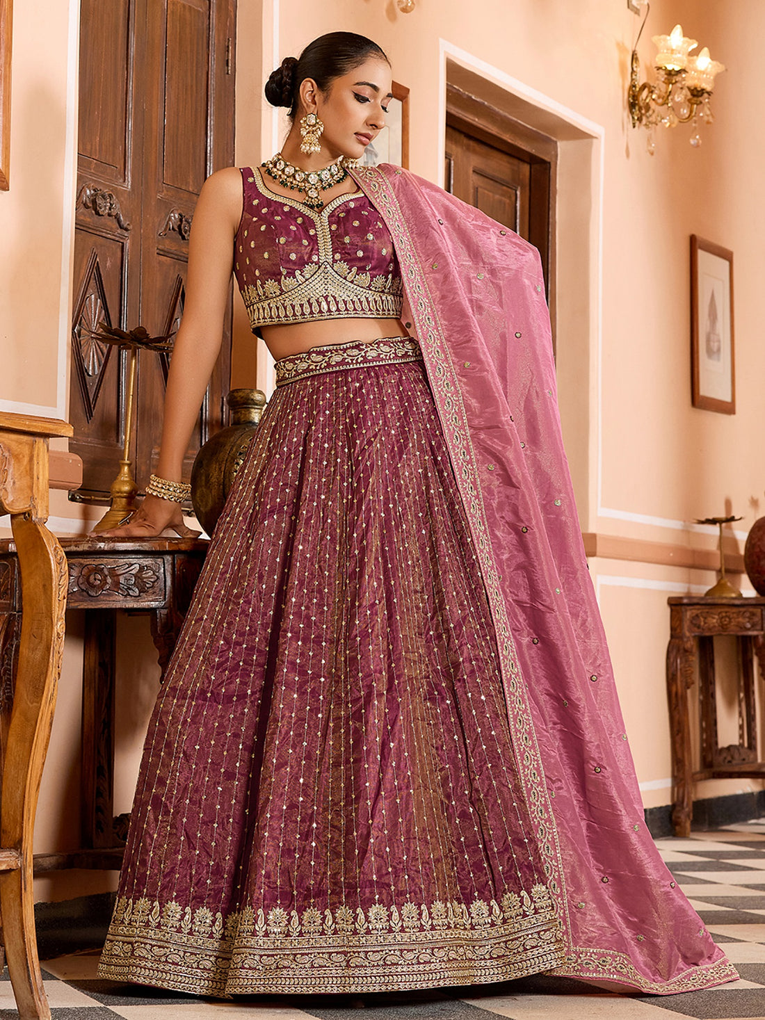 Fantastic Maroon Sequins Tissue Traditional Lehenga Choli With Dupatta