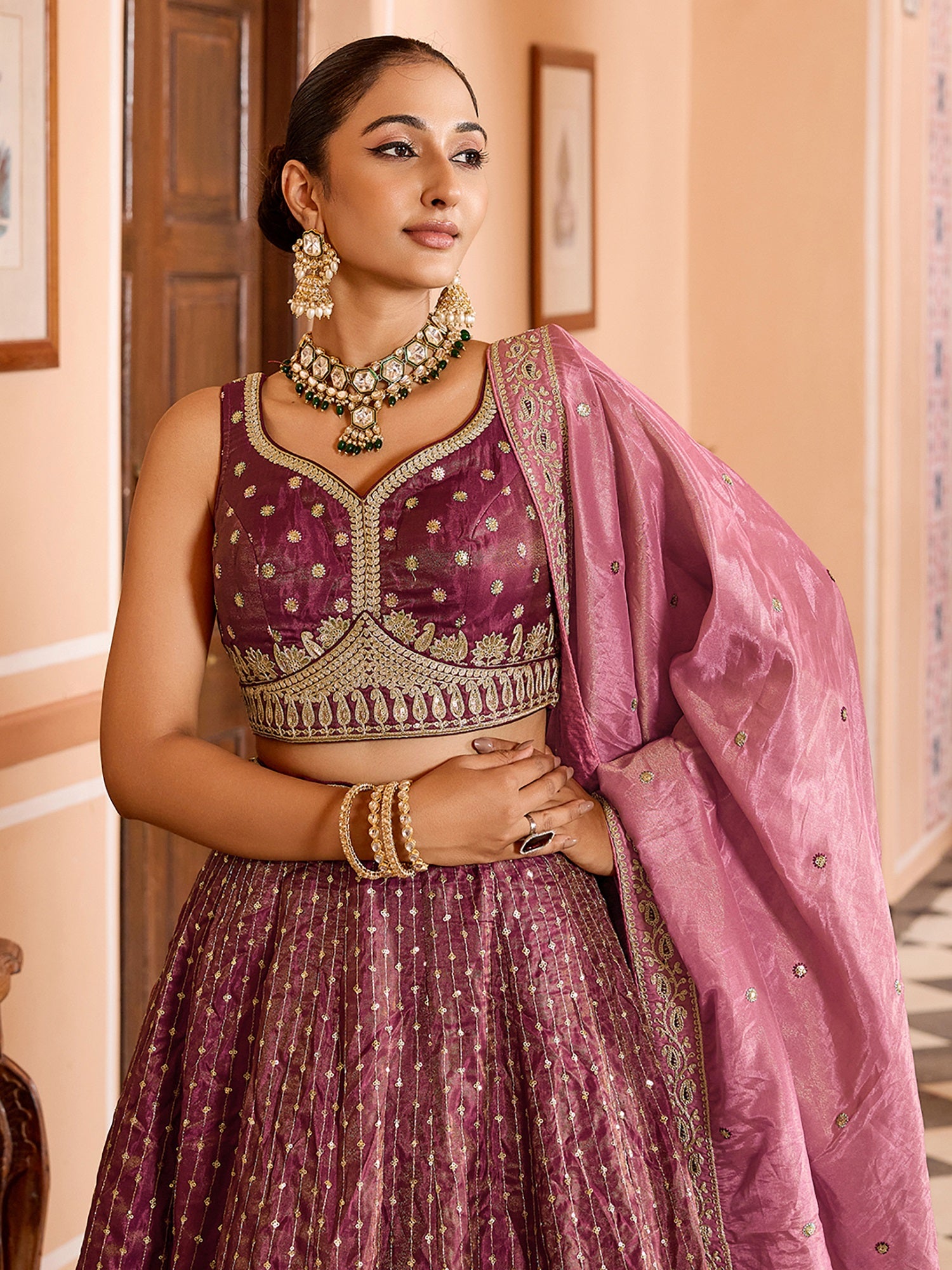 Fantastic Maroon Sequins Tissue Traditional Lehenga Choli With Dupatta