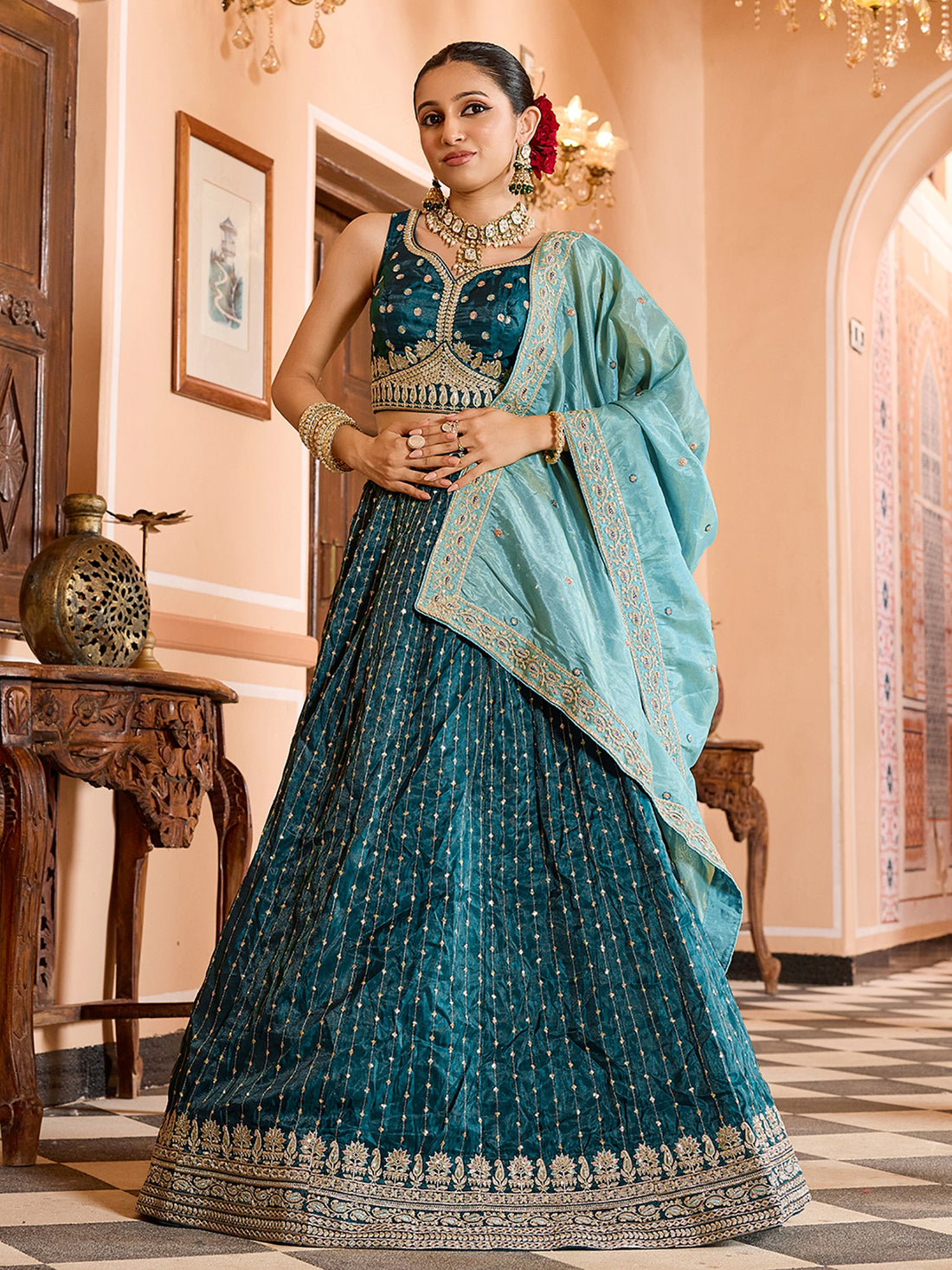 Classy Teal Green Embroidered Tissue Mehendi Wear Lehenga Choli With Dupatta