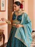 Classy Teal Green Embroidered Tissue Mehendi Wear Lehenga Choli With Dupatta