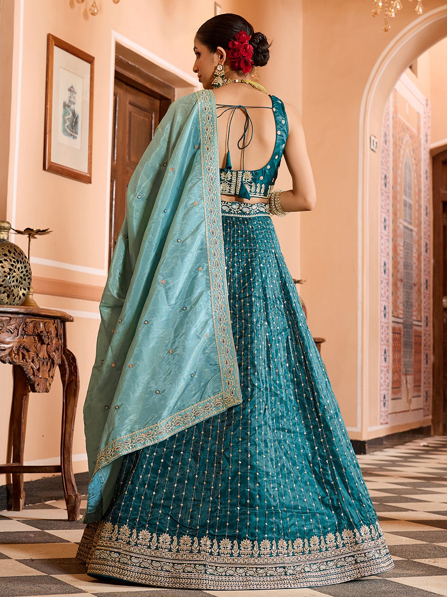 Classy Teal Green Embroidered Tissue Mehendi Wear Lehenga Choli With Dupatta