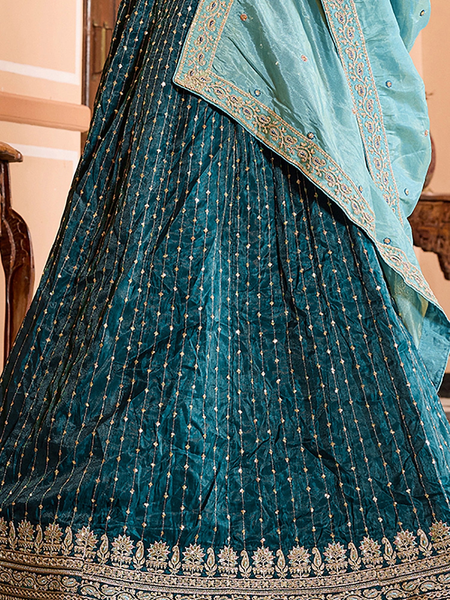 Classy Teal Green Embroidered Tissue Mehendi Wear Lehenga Choli With Dupatta