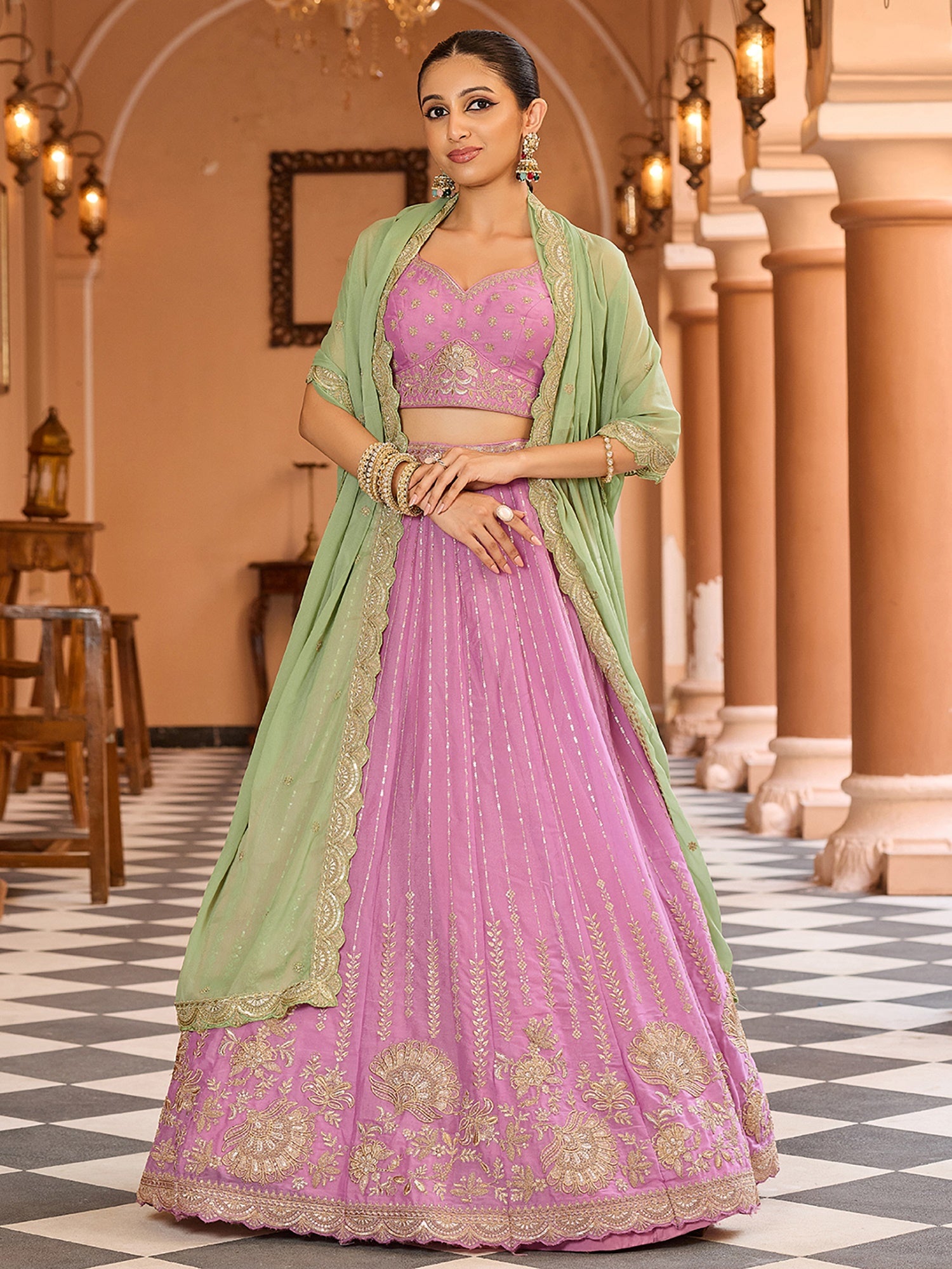 Amazeballs Pink Sequins Tissue Function Wear Lehenga Choli With Dupatta