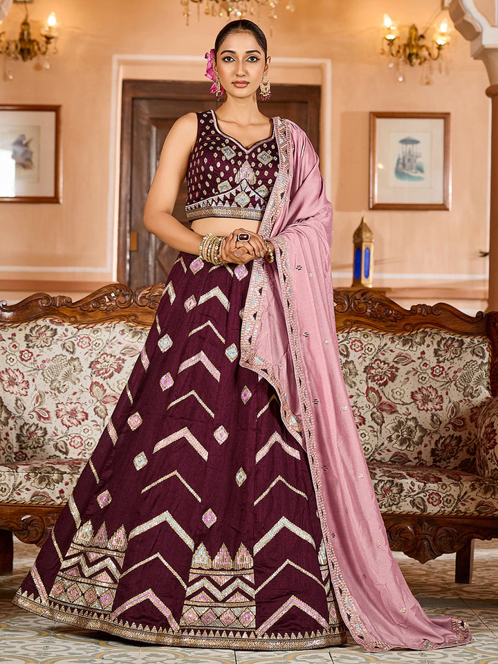 Marvelous Brown Thread Work Tissue Wedding Wear Lehenga Choli With Dupatta