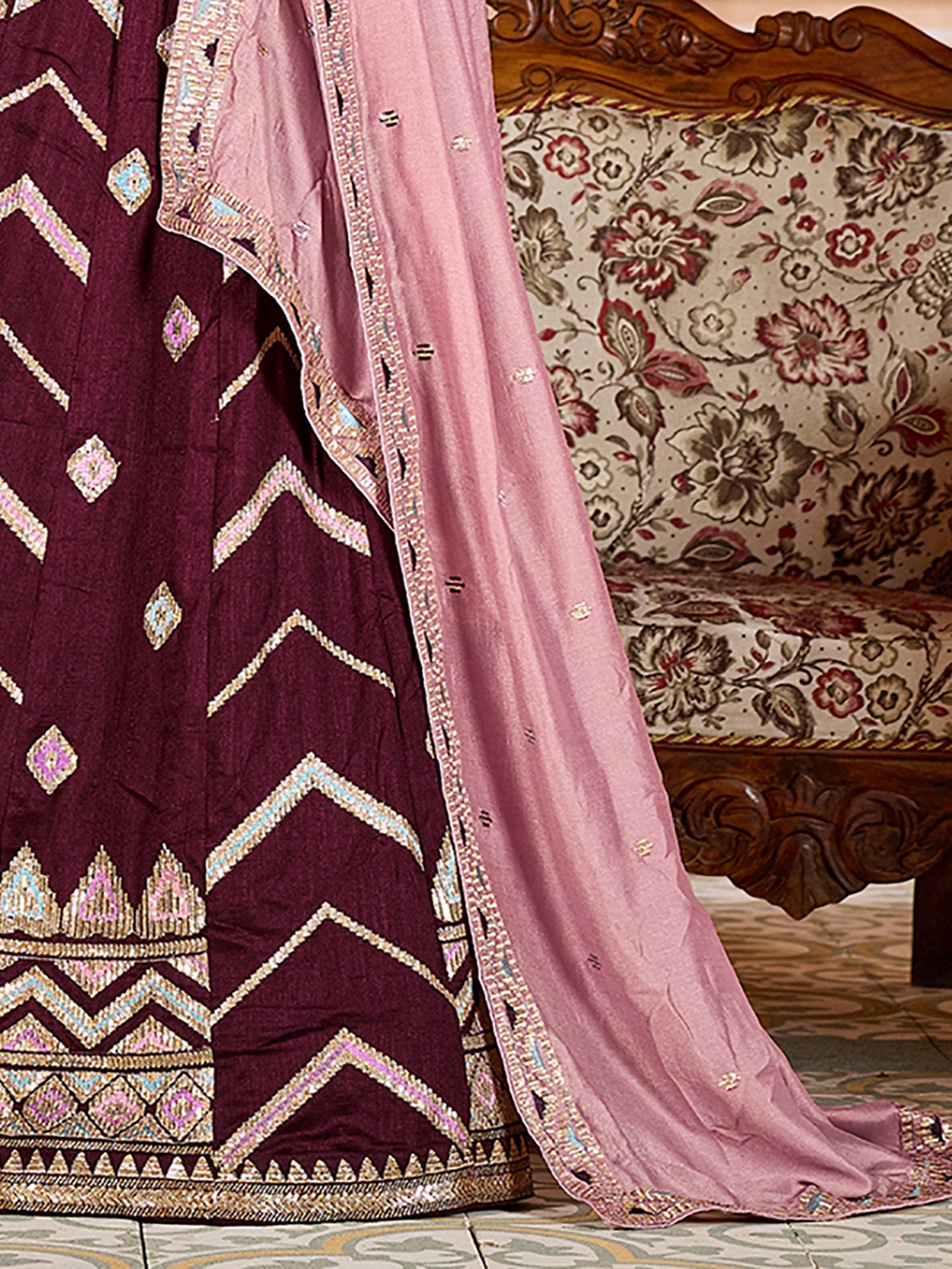 Marvelous Brown Thread Work Tissue Wedding Wear Lehenga Choli With Dupatta