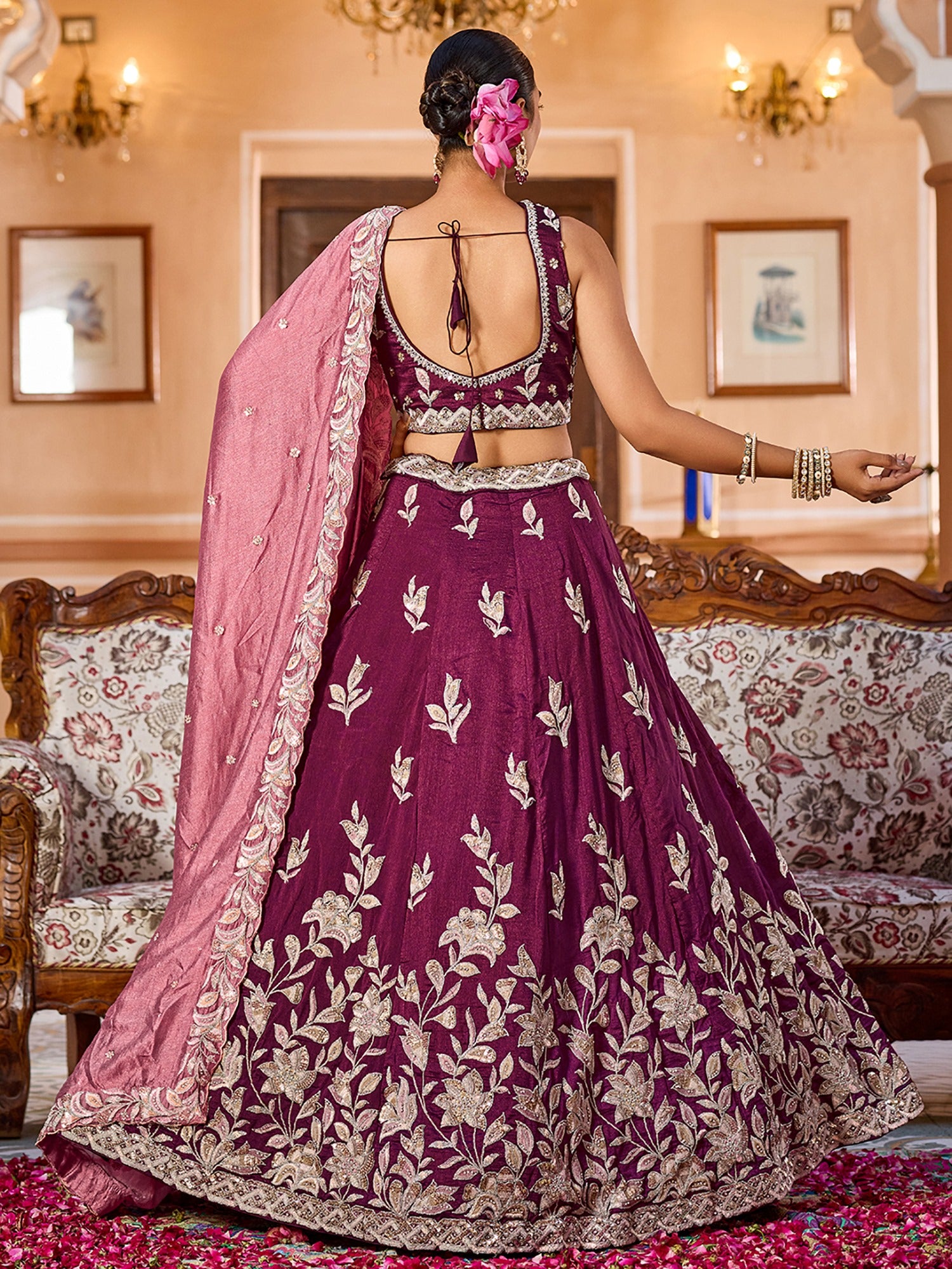 Splendid Burgundy Floral Embroidery Silk Reception Wear Lehenga With Blouse