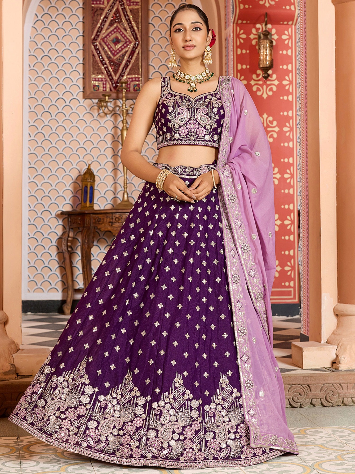 Spectacular Violet Heavy Embroidered Tissue Designer Lehenga Choli With Dupatta