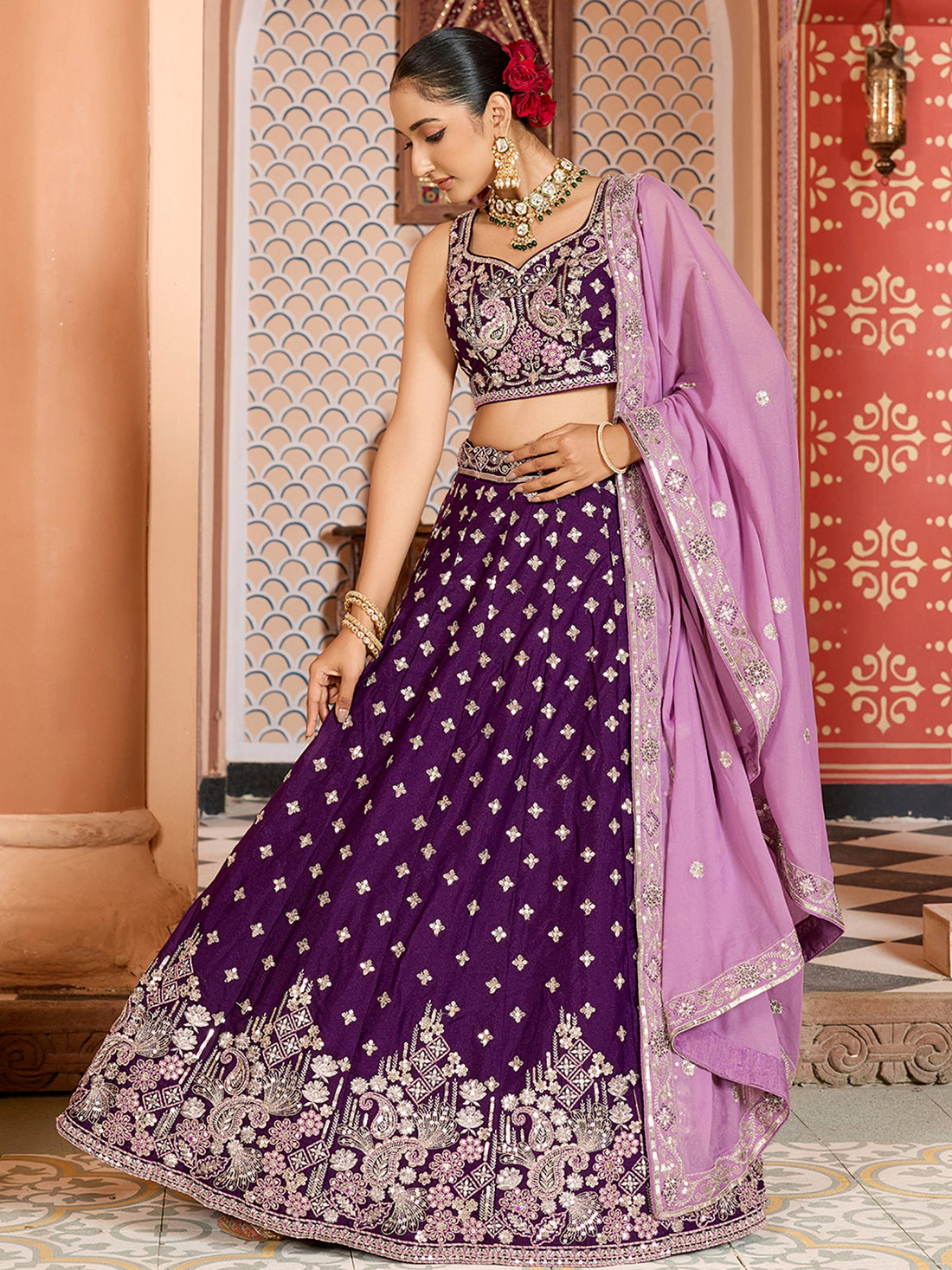 Spectacular Violet Heavy Embroidered Tissue Designer Lehenga Choli With Dupatta