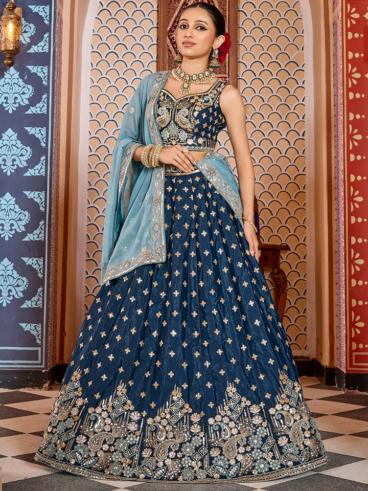 Royal Teal Blue Sequins Tissue Engagement Wear Lehenga Choli With Dupatta