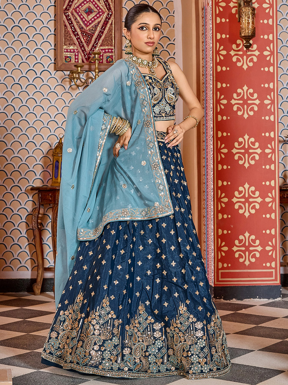 Royal Teal Blue Sequins Tissue Engagement Wear Lehenga Choli With Dupatta