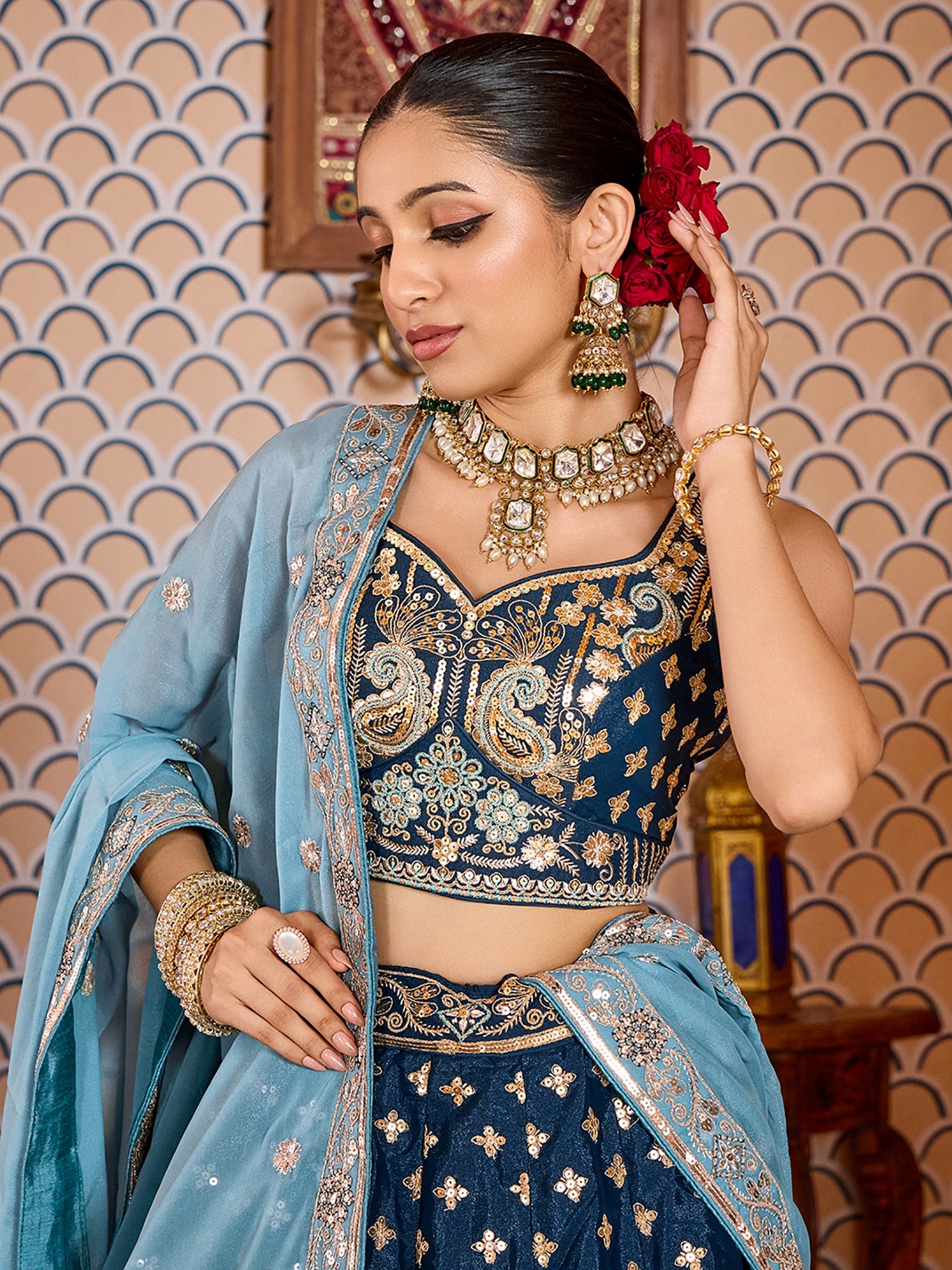 Royal Teal Blue Sequins Tissue Engagement Wear Lehenga Choli With Dupatta