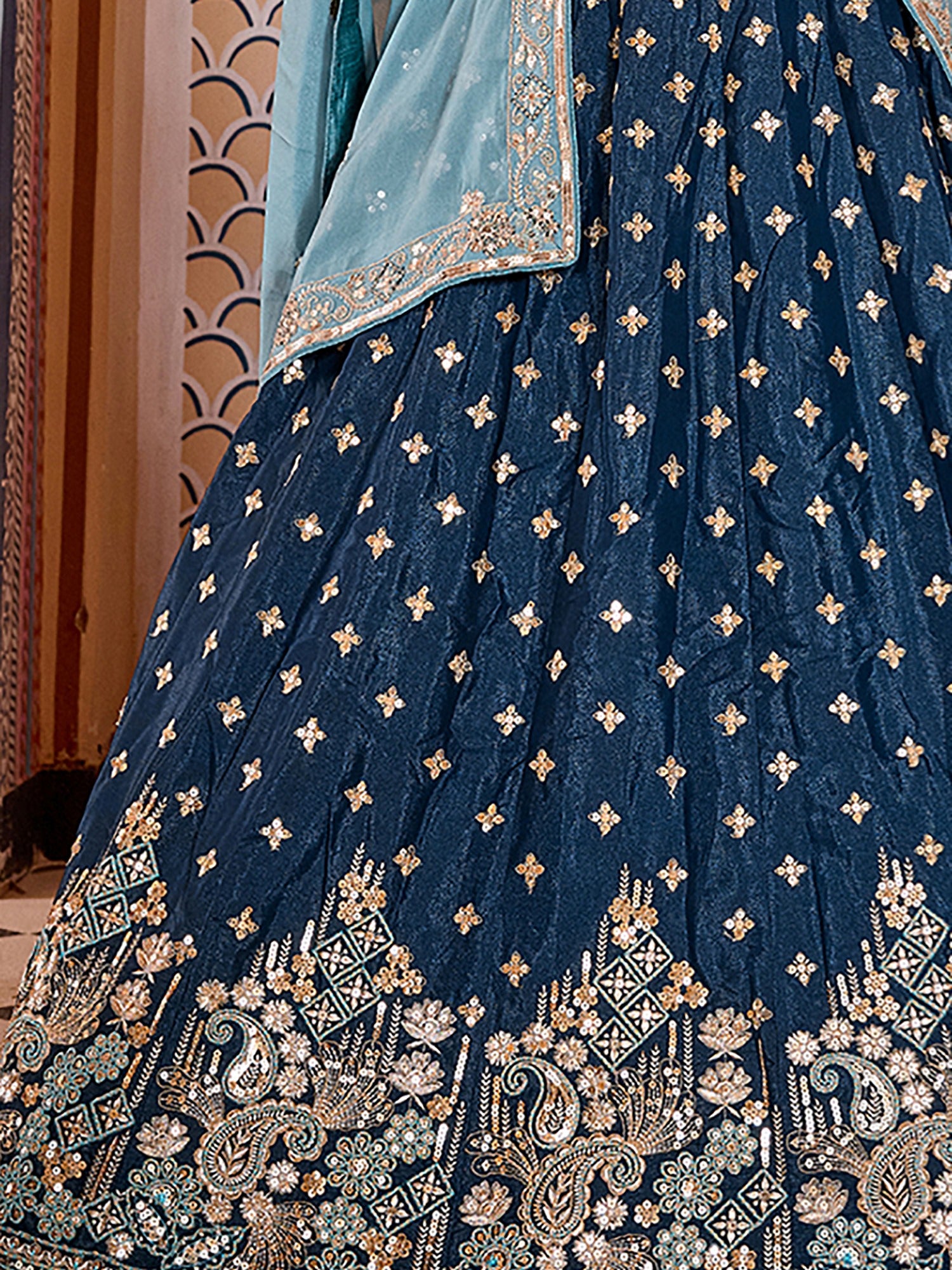 Royal Teal Blue Sequins Tissue Engagement Wear Lehenga Choli With Dupatta