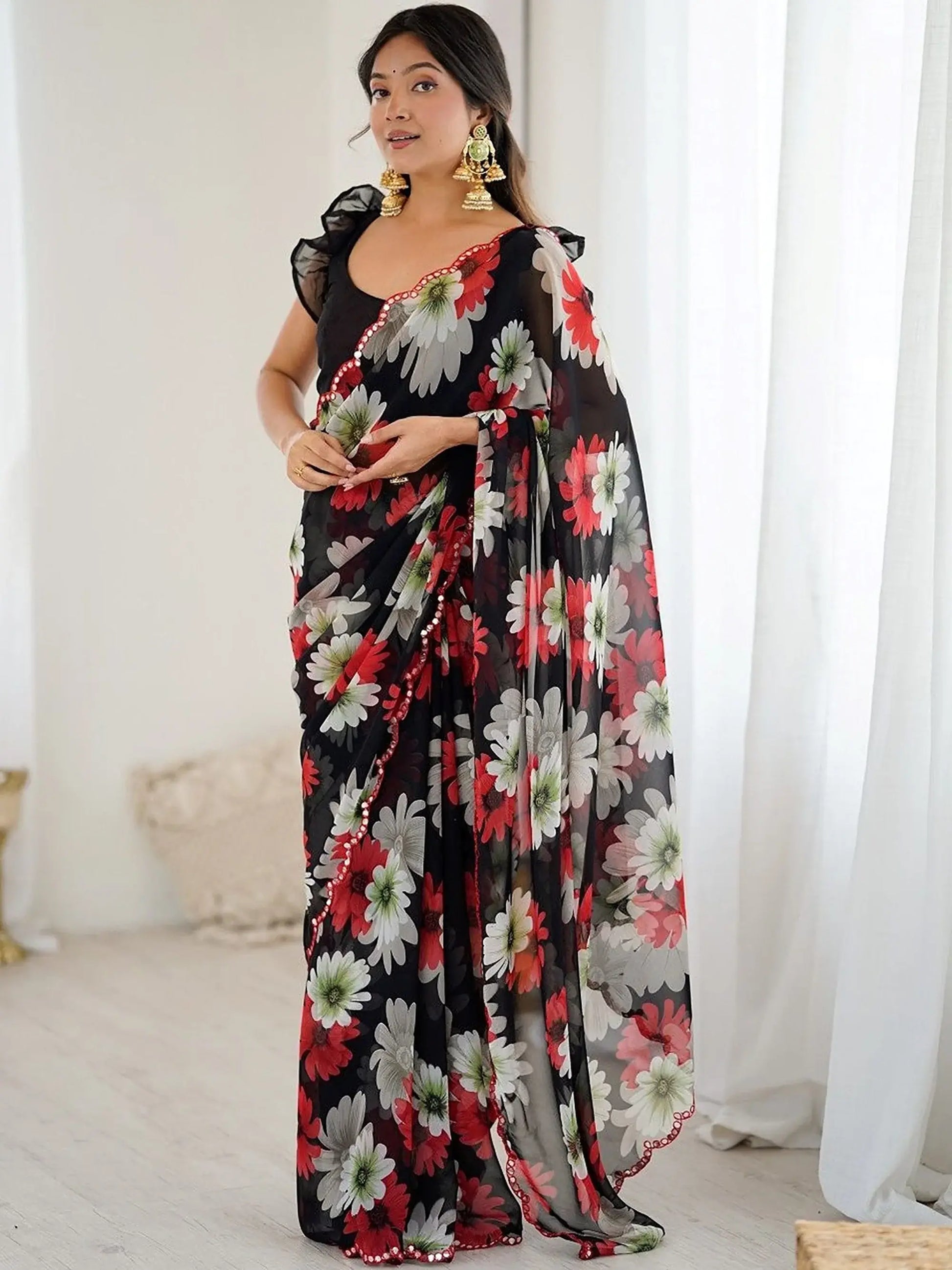 Magnetic Black Floral Printed Georgette Party Wear Saree With Blouse