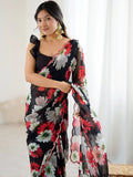 Magnetic Black Floral Printed Georgette Party Wear Saree With Blouse