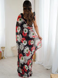 Magnetic Black Floral Printed Georgette Party Wear Saree With Blouse