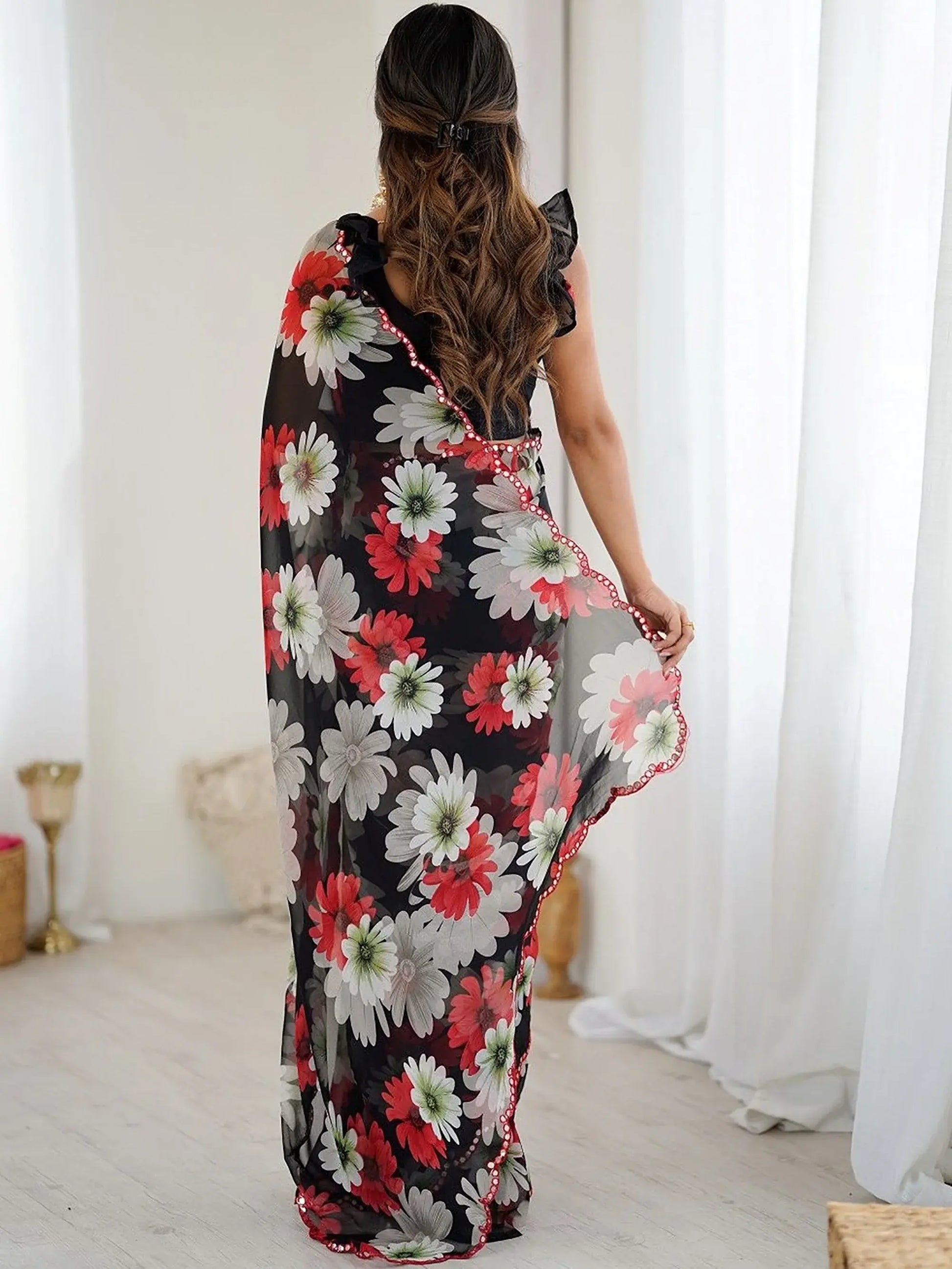 Magnetic Black Floral Printed Georgette Party Wear Saree With Blouse