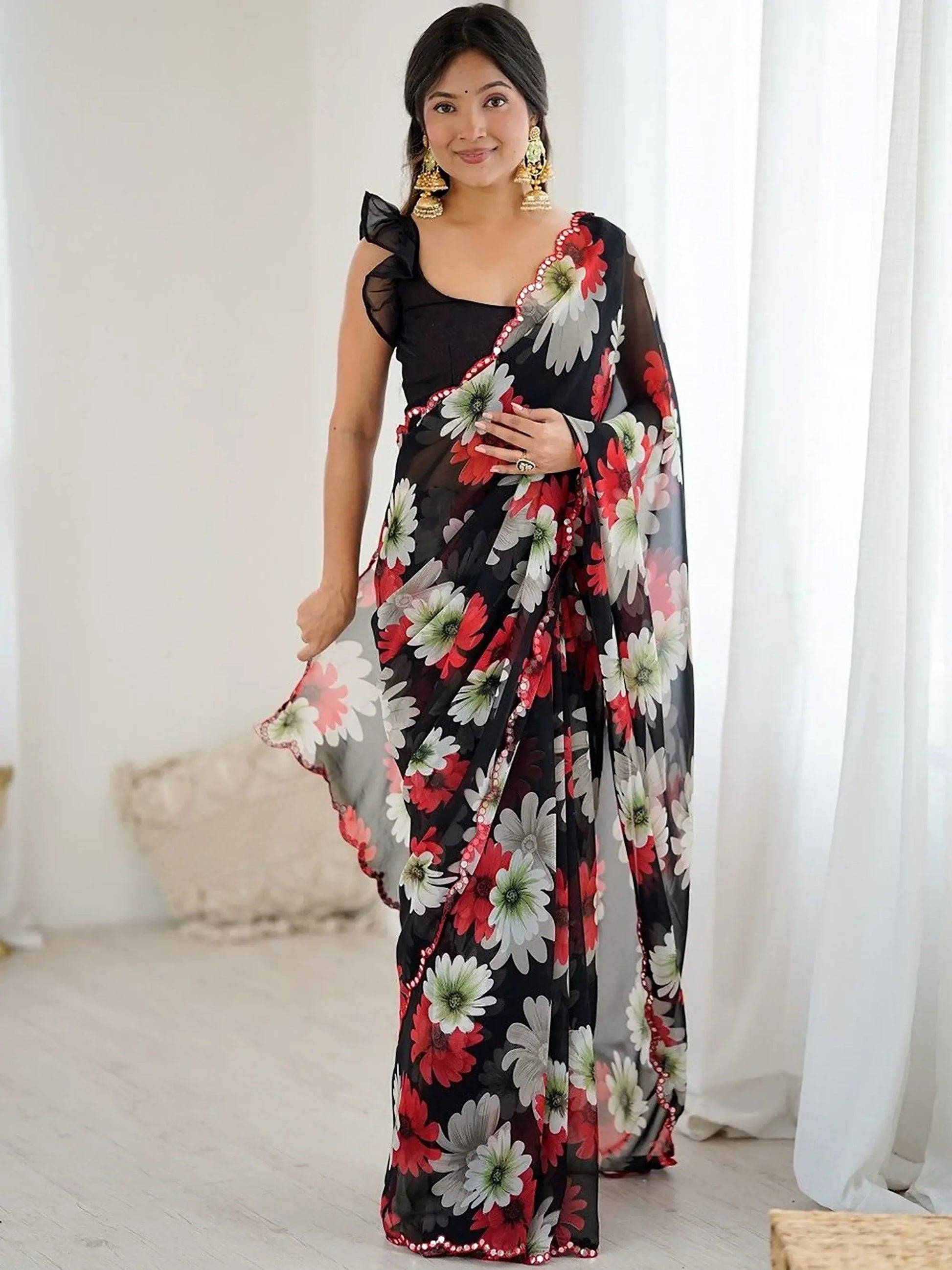 Magnetic Black Floral Printed Georgette Party Wear Saree With Blouse