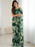 Wonderful Green Floral Printed Georgette Mehendi Wear Saree With Blouse