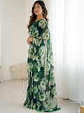 Wonderful Green Floral Printed Georgette Mehendi Wear Saree With Blouse