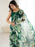 Wonderful Green Floral Printed Georgette Mehendi Wear Saree With Blouse