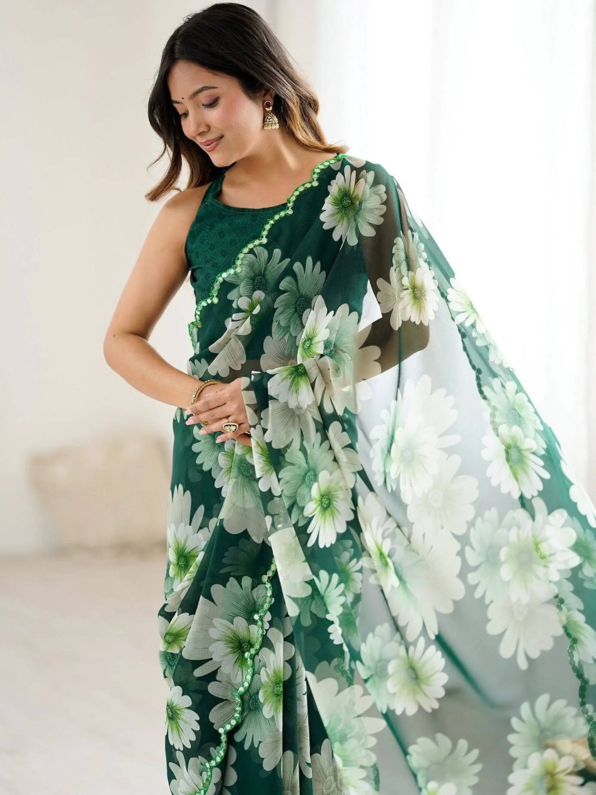 Wonderful Green Floral Printed Georgette Mehendi Wear Saree With Blouse