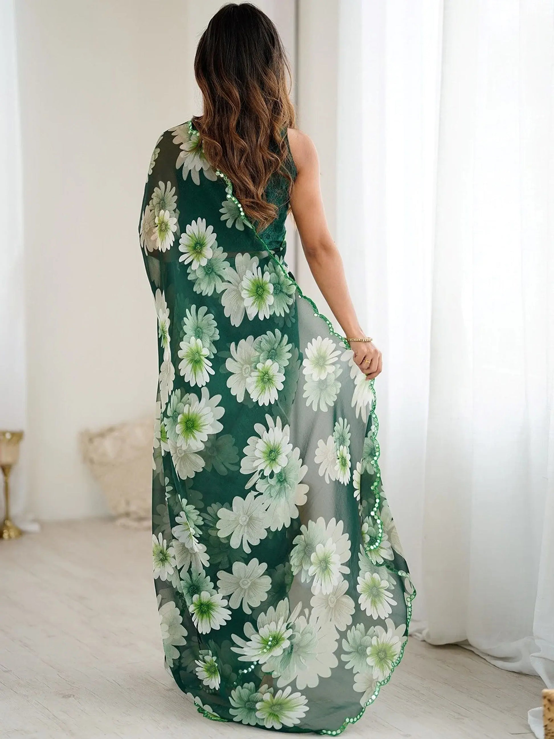 Wonderful Green Floral Printed Georgette Mehendi Wear Saree With Blouse
