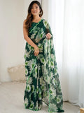 Wonderful Green Floral Printed Georgette Mehendi Wear Saree With Blouse