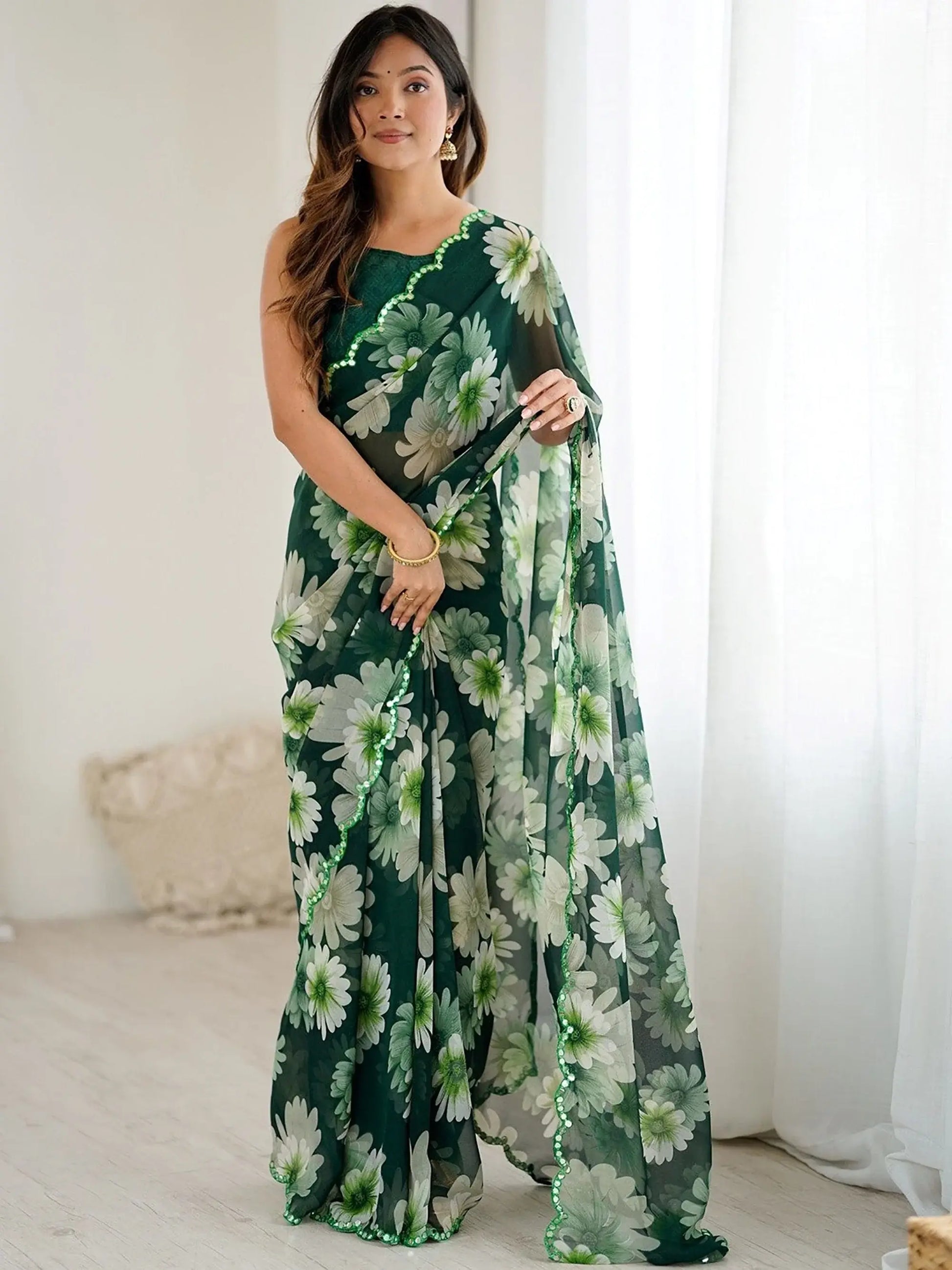 Wonderful Green Floral Printed Georgette Mehendi Wear Saree With Blouse