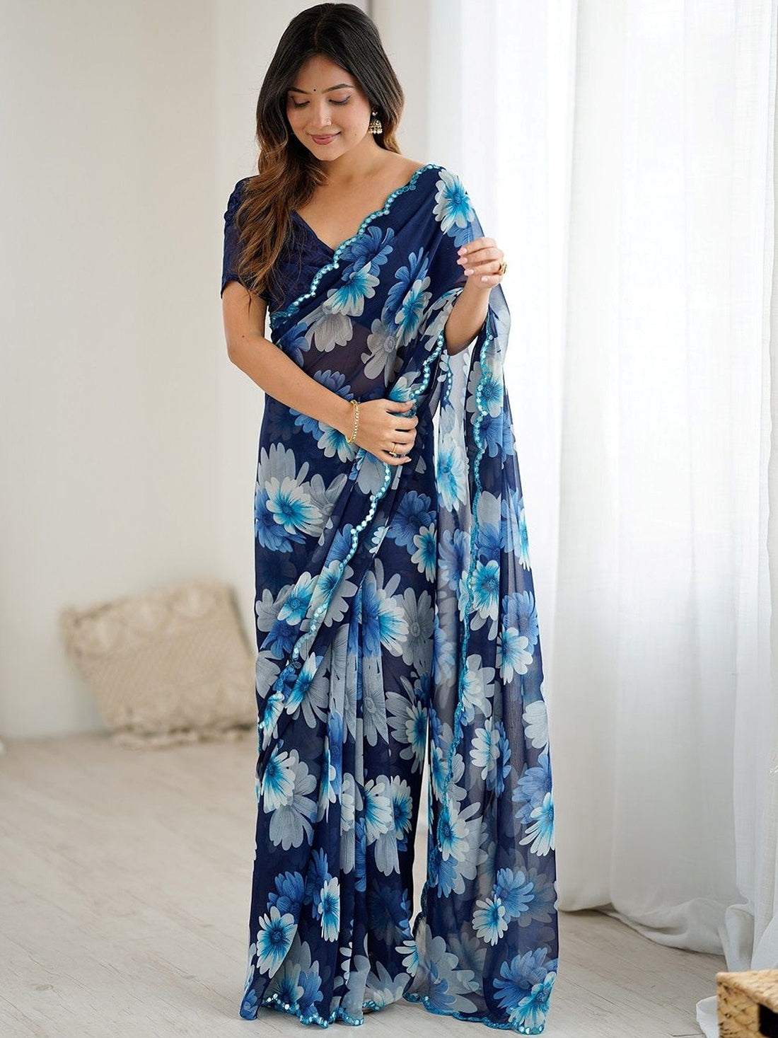 Fantabulous Blue Floral Printed Georgette Function Wear Saree With Blouse
