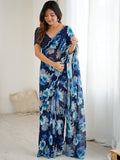 Fantabulous Blue Floral Printed Georgette Function Wear Saree With Blouse
