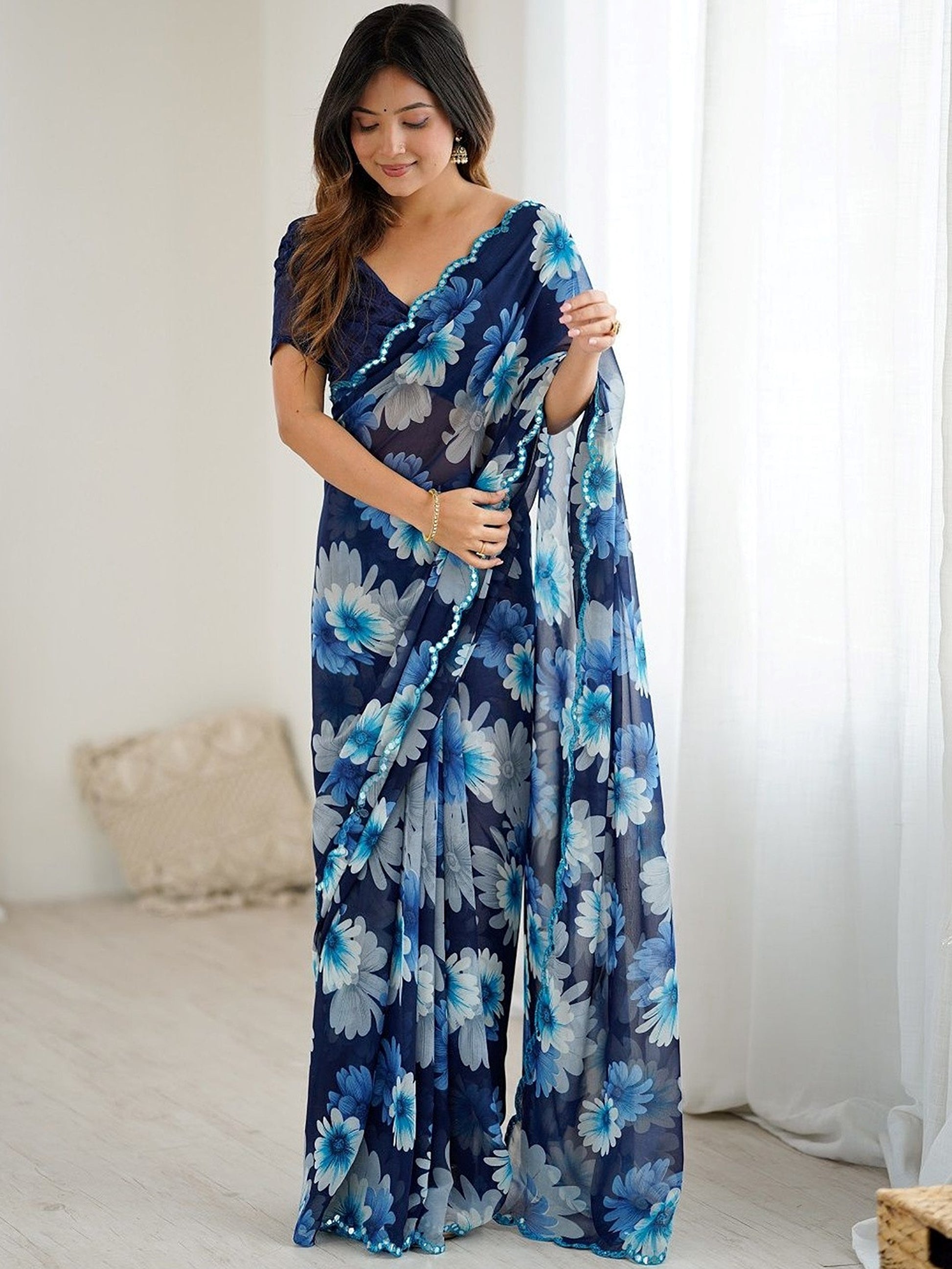 Fantabulous Blue Floral Printed Georgette Function Wear Saree With Blouse