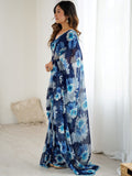 Fantabulous Blue Floral Printed Georgette Function Wear Saree With Blouse