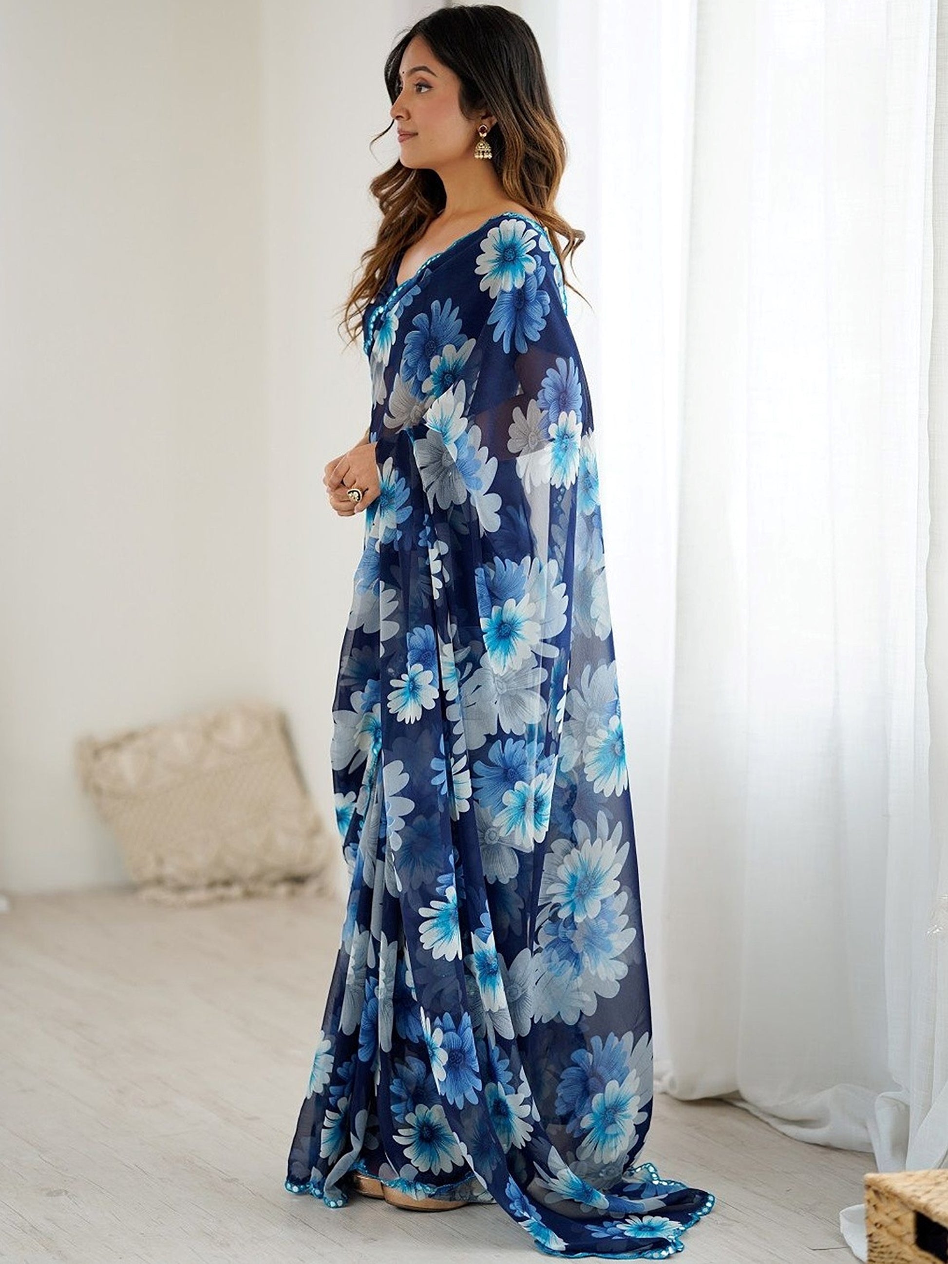 Fantabulous Blue Floral Printed Georgette Function Wear Saree With Blouse
