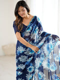 Fantabulous Blue Floral Printed Georgette Function Wear Saree With Blouse