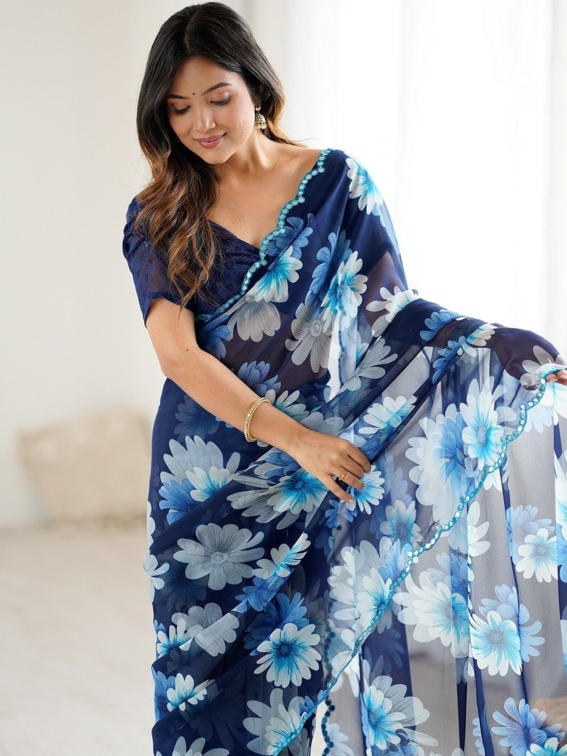 Fantabulous Blue Floral Printed Georgette Function Wear Saree With Blouse