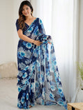 Fantabulous Blue Floral Printed Georgette Function Wear Saree With Blouse